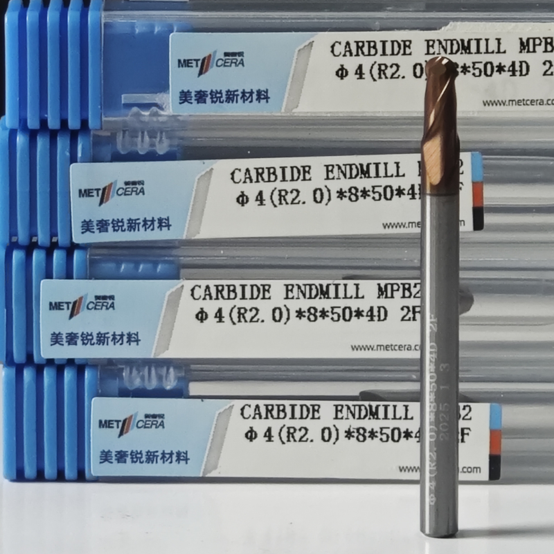 บอลคาร์ไบด์แข็ง จมูกปลาย Mill 2 ฟลอยต์ R0.5-10 4mm Φ4.0 R2.0 x8x4Dx50mm ด้วยความแข็งแรง HRC55-60
