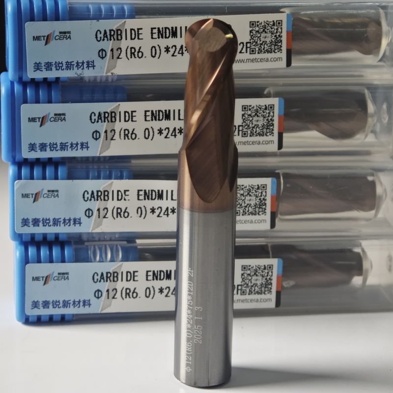 คาร์ไบด์แข็ง ลูกจมูกปลาย Mill 2 ฟลอยต์ R0.5-10 12mm Φ12.0 R6.0 X24x12Dx75mm ความแข็ง HRC55-60 AlCr การเคลือบสําหรับการเสร็จ