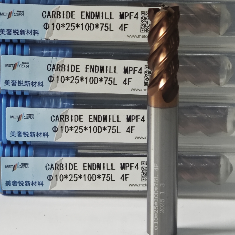 MPF4 Universal 4 Flutes Flat End Mill 10mm Φ10x25x10Dx75mm สําหรับการตัดเหล็กสแตนเลสคาร์บอนต่ําภายในความแข็ง HRC55-60